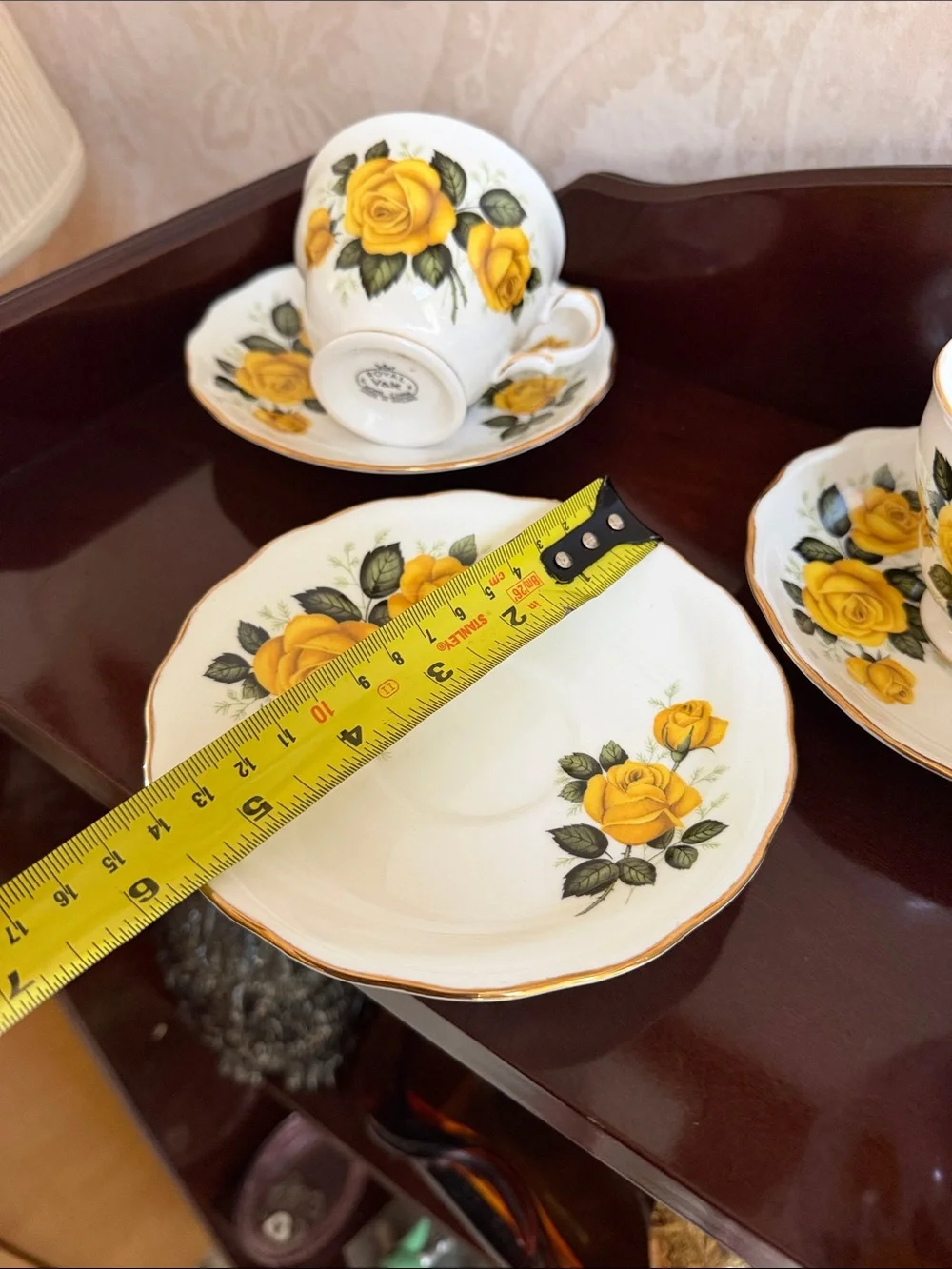 Set of 3 Vintage Royal Vale Yellow Rose Bone China Tea Cups and Saucers